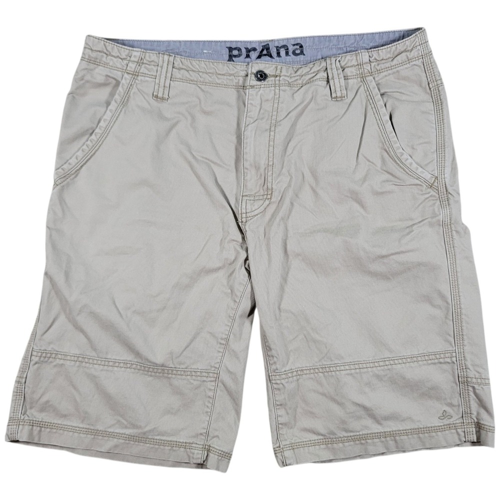 prAna Canvas Shorts Mens 36 Beige Tan Cotton 11" Inseam Hiking Outdoor Casual